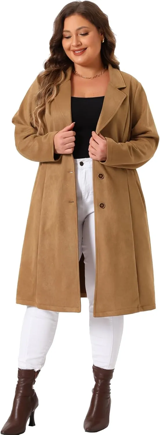 Agnes Orinda Plus Size Faux Suede Trench Jacket For Women Notch Lapel Long Sleeve 2024 Fall Winter Long Jacket