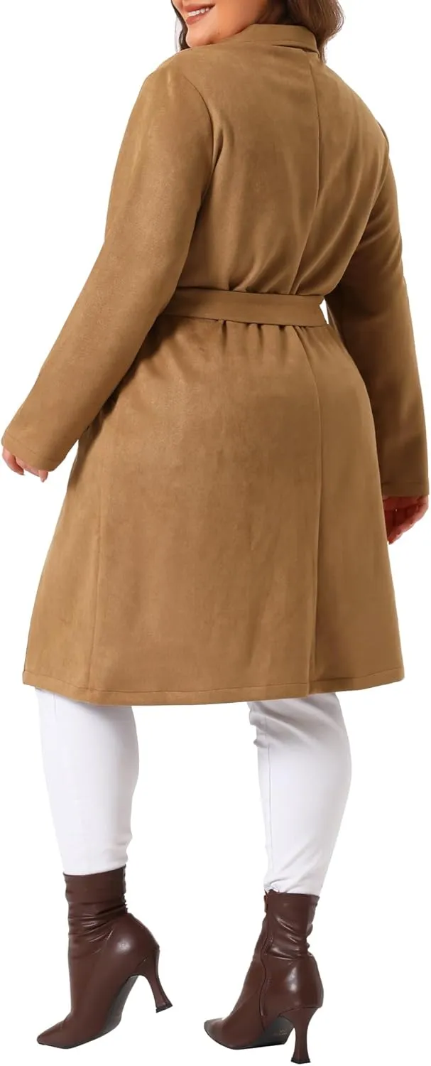 Agnes Orinda Plus Size Faux Suede Trench Jacket For Women Notch Lapel Long Sleeve 2024 Fall Winter Long Jacket