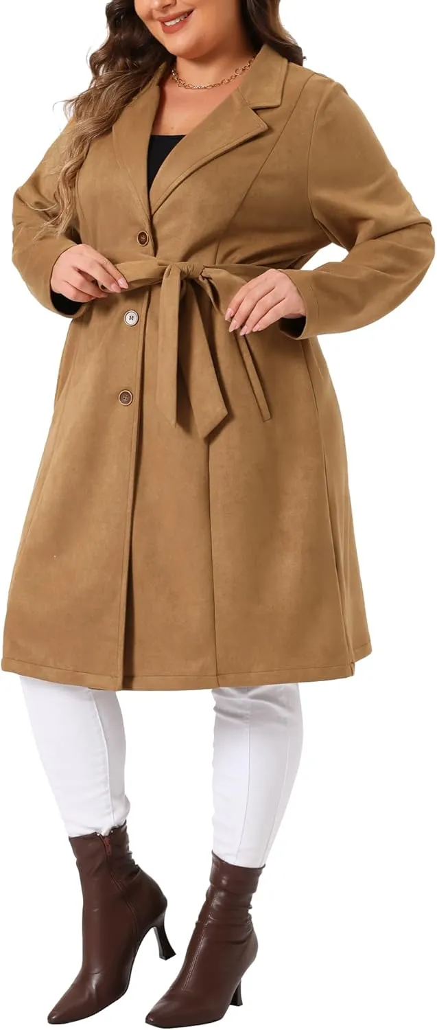 Agnes Orinda Plus Size Faux Suede Trench Jacket For Women Notch Lapel Long Sleeve 2024 Fall Winter Long Jacket