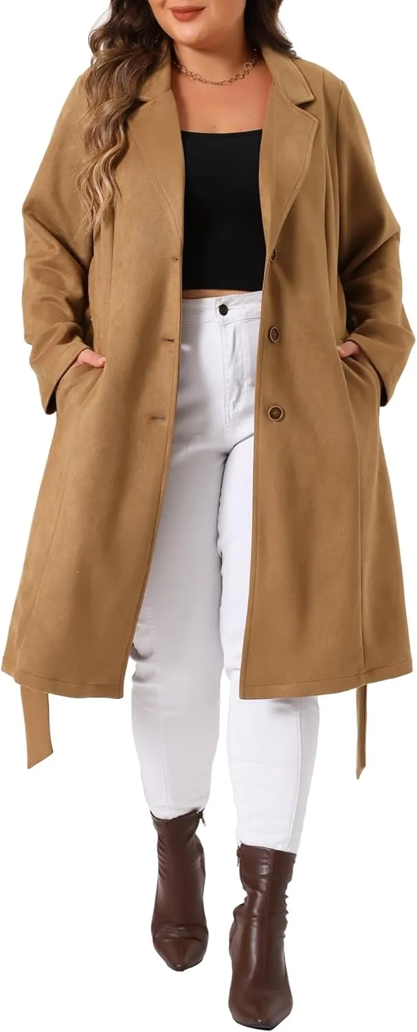 Agnes Orinda Plus Size Faux Suede Trench Jacket For Women Notch Lapel Long Sleeve 2024 Fall Winter Long Jacket