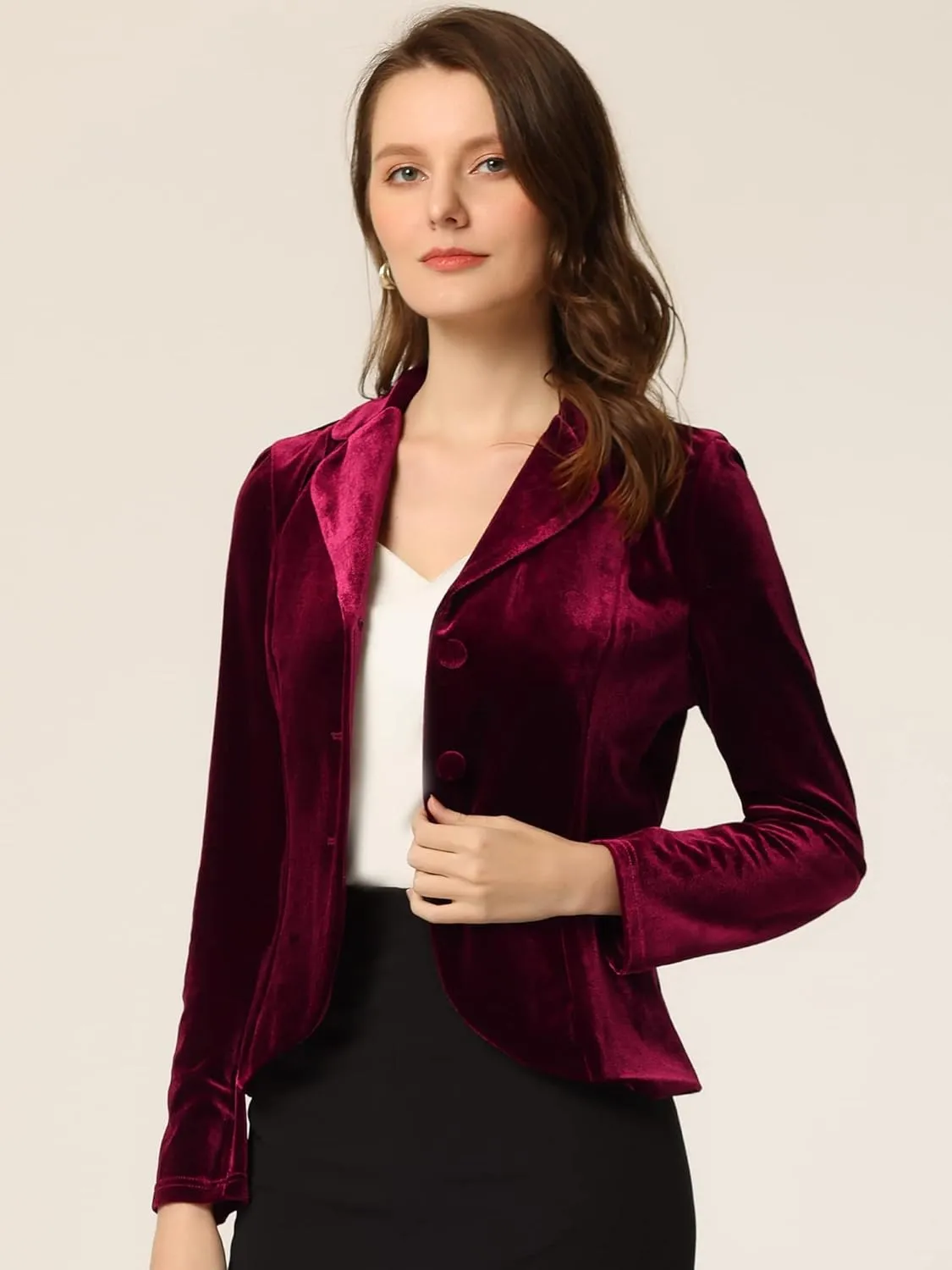 Allegra K Women's Suit Jacket Notched Lapel Long Sleeve Office Business Button Velvet Blazer
