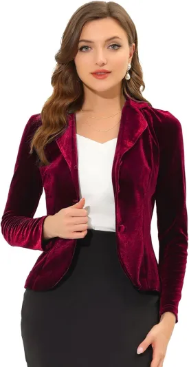 Allegra K Women's Suit Jacket Notched Lapel Long Sleeve Office Business Button Velvet Blazer