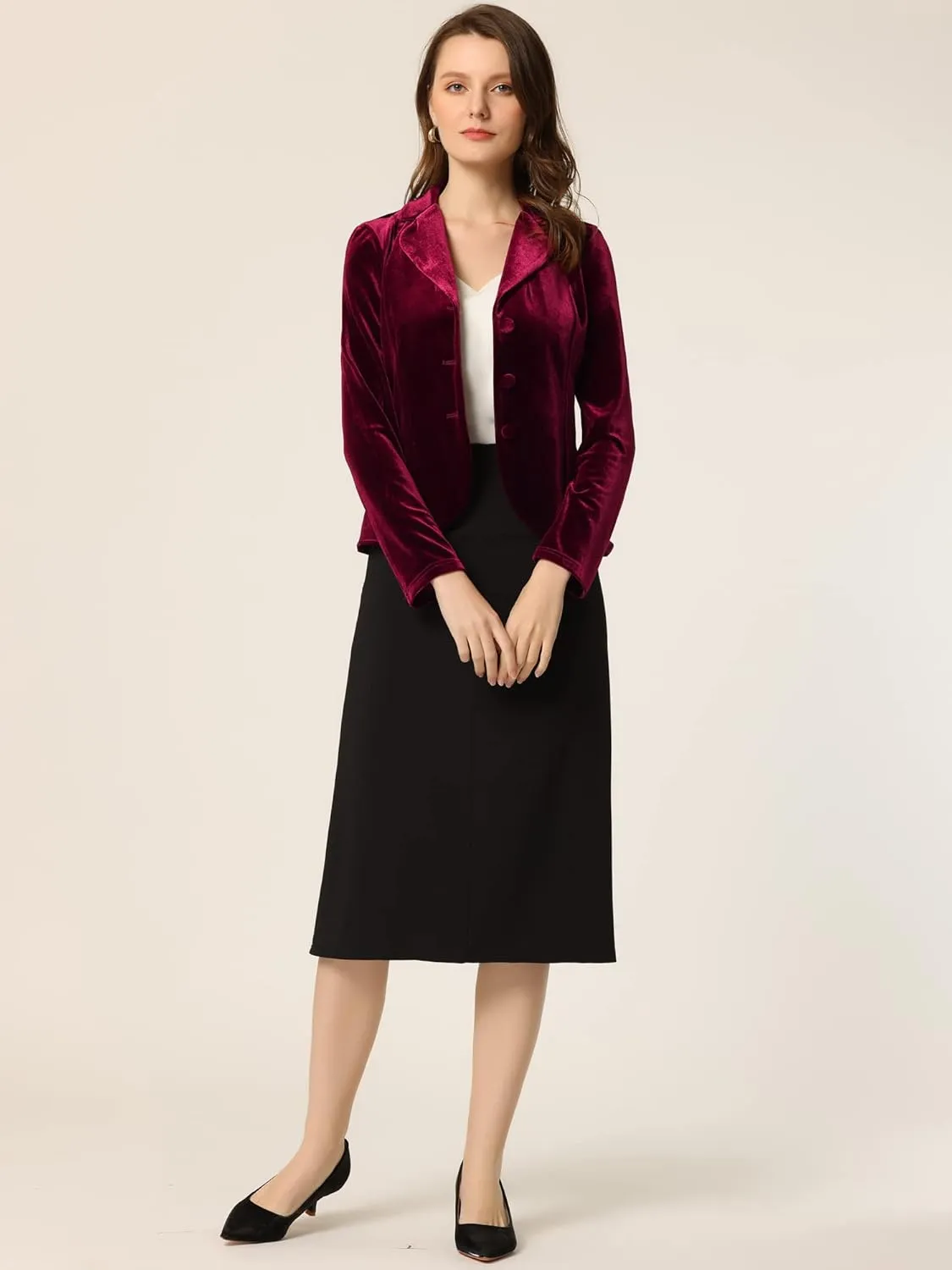 Allegra K Women's Suit Jacket Notched Lapel Long Sleeve Office Business Button Velvet Blazer