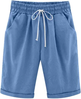 Bermuda Shorts for Women Summer Casual Linen Pants Knee Length Bermuda Short Elastic Waist Drawstring Pocket Capris