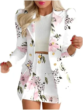 Blazer Sets Women 2 Piece Outfits Elegant Blazers Jackets Long Sleeve Cardigan Coat Pocket Shorts Skirt Suit