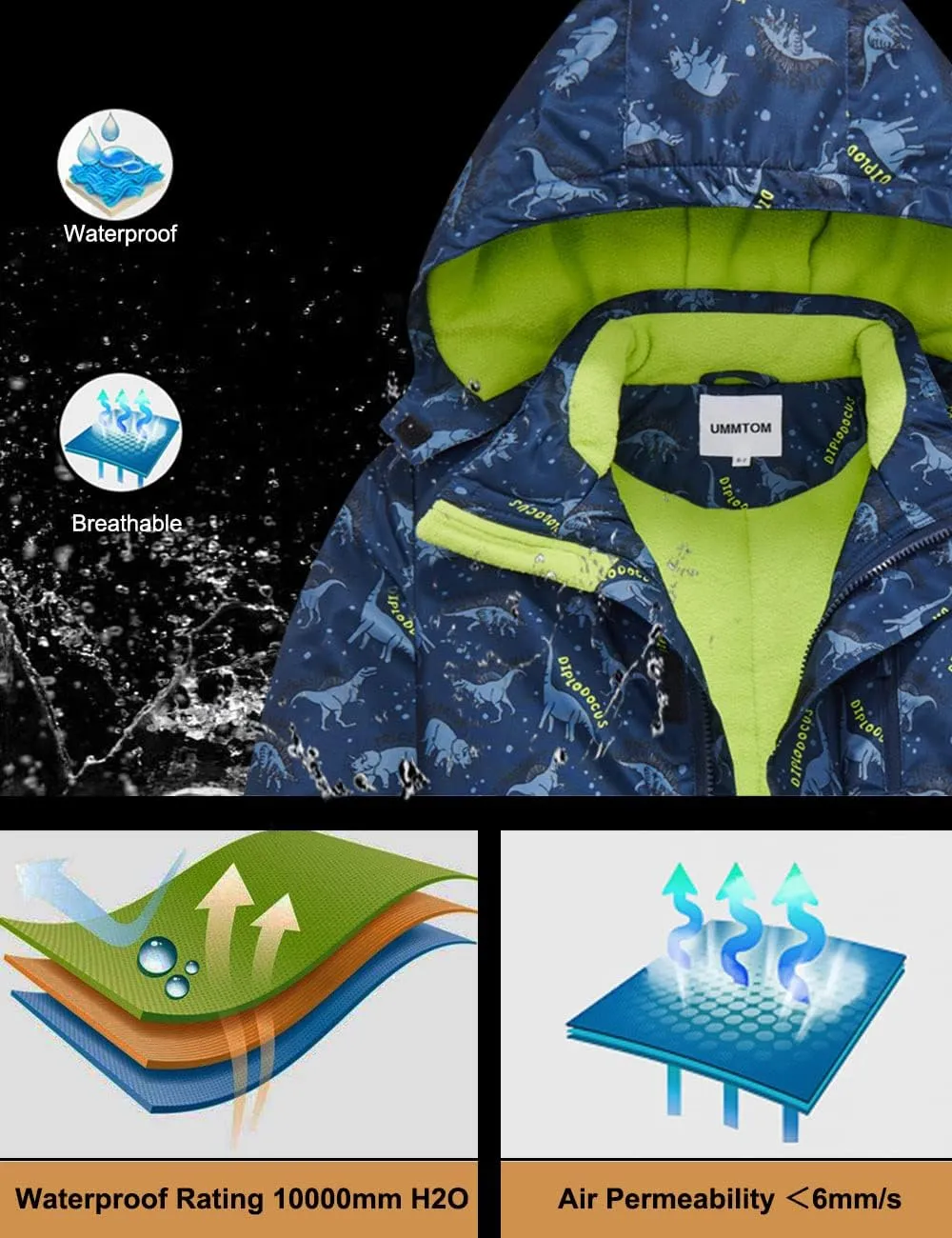 Boys Waterproof Ski Jacket Fleece Lined Warm Winter Snow Coat Hooded Winter Jacket for Kids