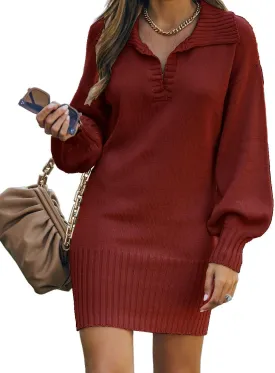 BTFBM Women Casual V Neck Knit Mini Fall Sweater Dresses Long Sleeve Loose Fit Solid Color Ribbed Pullover Jumper Sweaters