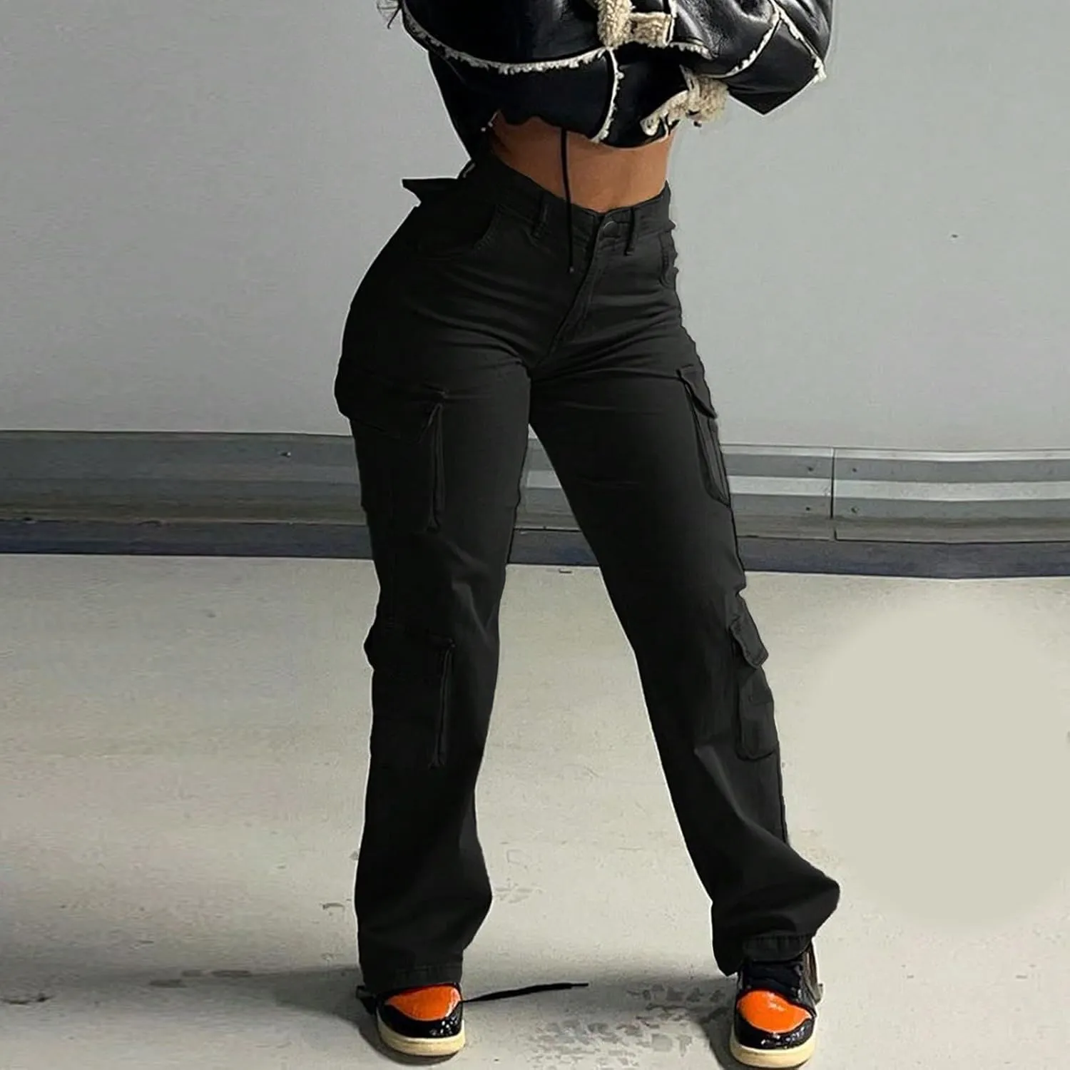 Cargo Jeans for Women Boyfriend Straight Leg Jeans Baggy Casual Denim Elastic High Waisted Cargo Pants with Pockets
