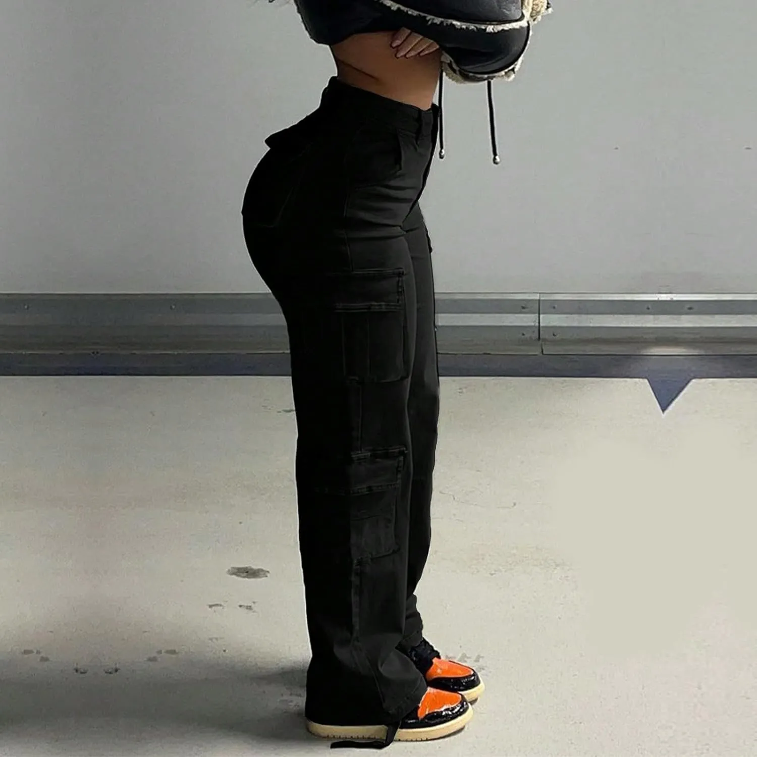 Cargo Jeans for Women Boyfriend Straight Leg Jeans Baggy Casual Denim Elastic High Waisted Cargo Pants with Pockets