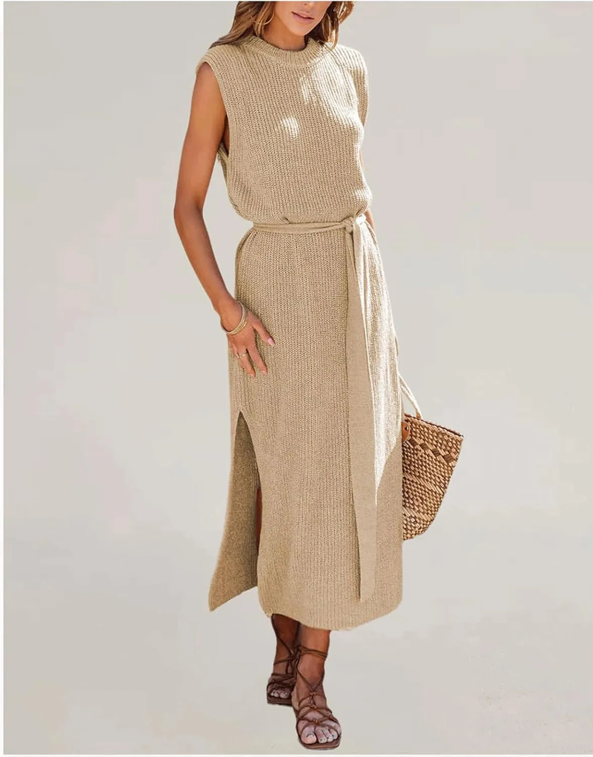 CHARTOU Women's Crew Neck Ribbed Knit Dress Sleeveless Double Side Slit Midi Long Dresses Dress with Belt