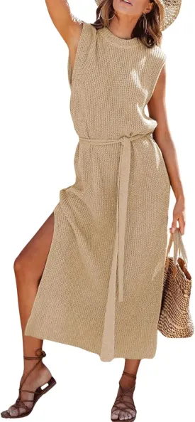 CHARTOU Women's Crew Neck Ribbed Knit Dress Sleeveless Double Side Slit Midi Long Dresses Dress with Belt
