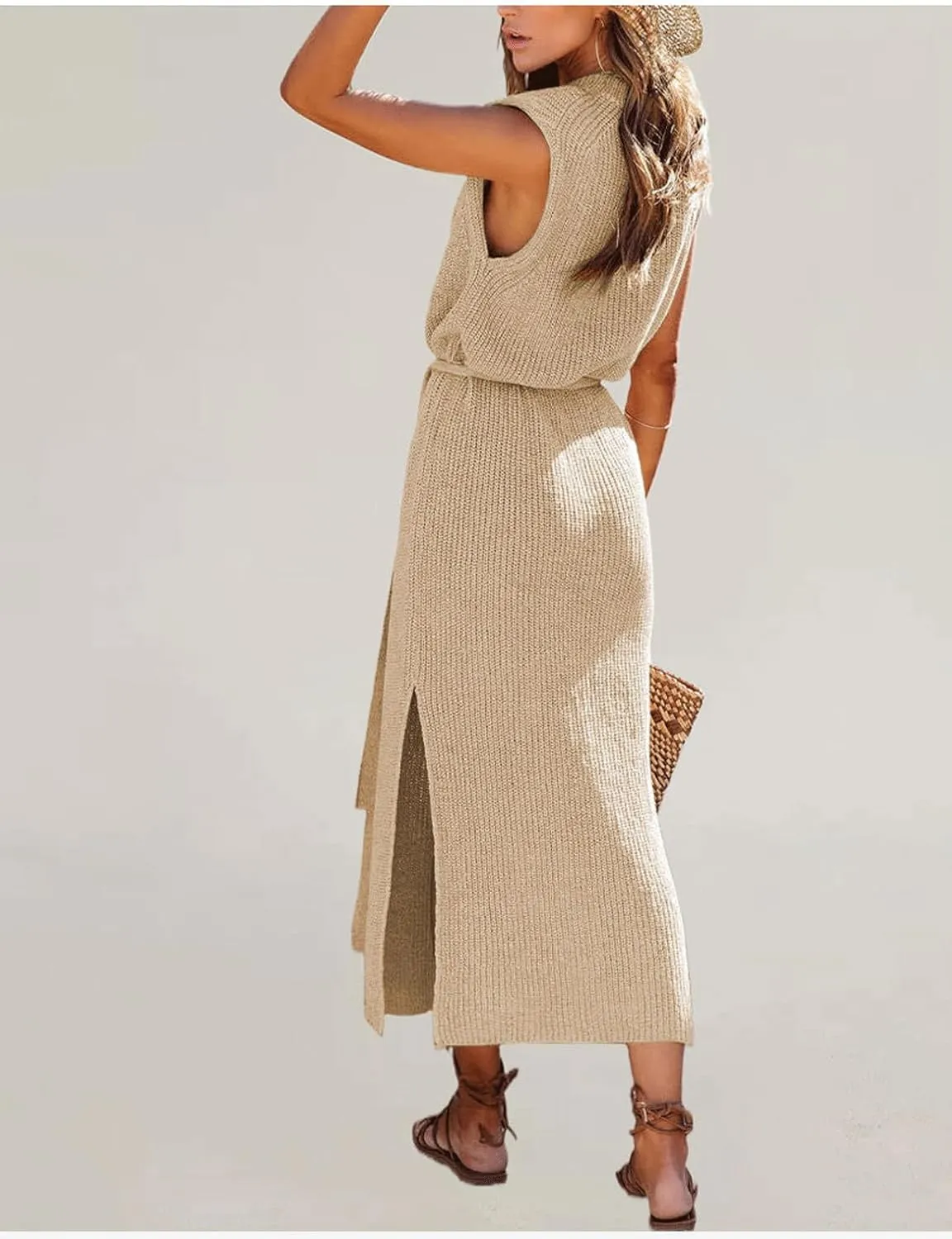 CHARTOU Women's Crew Neck Ribbed Knit Dress Sleeveless Double Side Slit Midi Long Dresses Dress with Belt