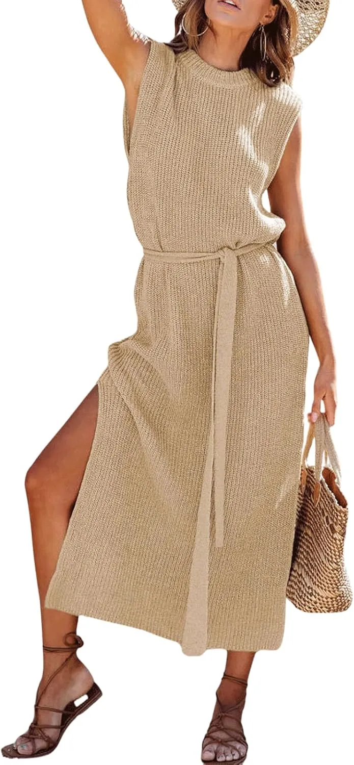 CHARTOU Women's Crew Neck Ribbed Knit Dress Sleeveless Double Side Slit Midi Long Dresses Dress with Belt