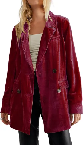 CHARTOU Women's Velvet Blazers Notch Lapel Double Breasted Work Office Blazer Jacket