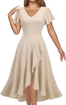 DRESSTELLS Women's Cocktail Dresses 2025, Formal Wedding Guest Ruffle Prom Party Evening Dress V-Neck Vintage Dress
