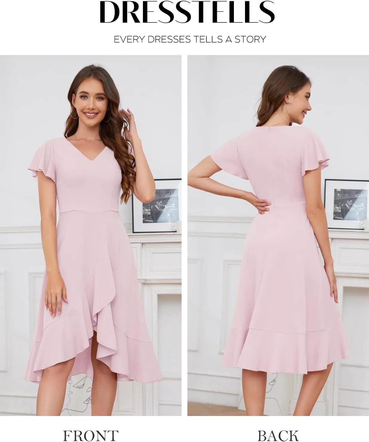 DRESSTELLS Women's Cocktail Dresses 2025, Formal Wedding Guest Ruffle Prom Party Evening Dress V-Neck Vintage Dress