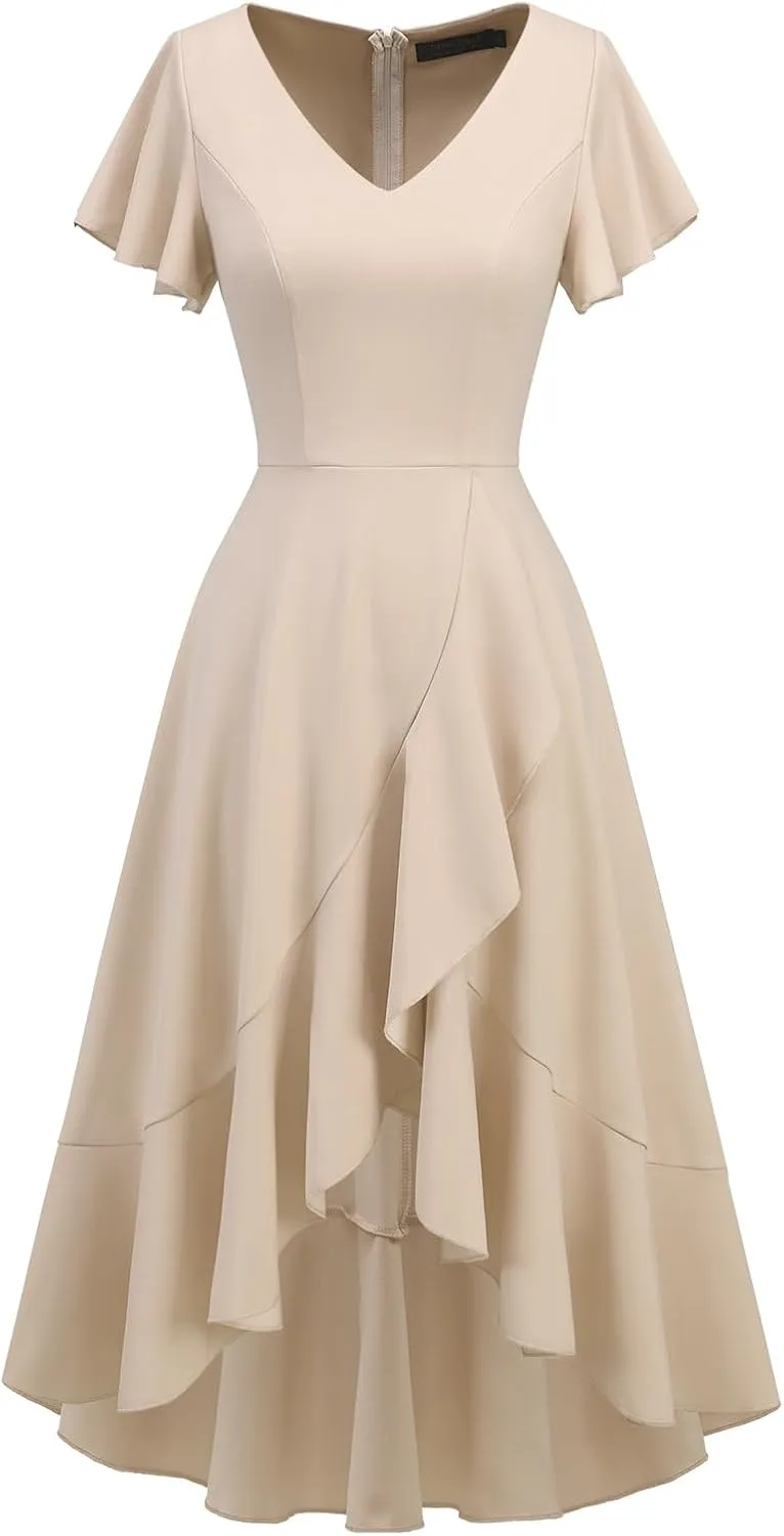DRESSTELLS Women's Cocktail Dresses 2025, Formal Wedding Guest Ruffle Prom Party Evening Dress V-Neck Vintage Dress