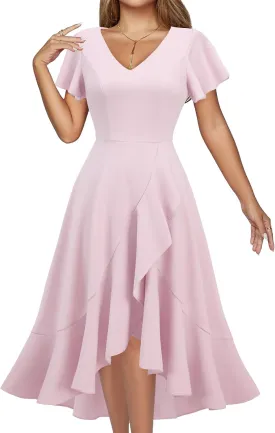 DRESSTELLS Women's Cocktail Dresses 2025, Formal Wedding Guest Ruffle Prom Party Evening Dress V-Neck Vintage Dress