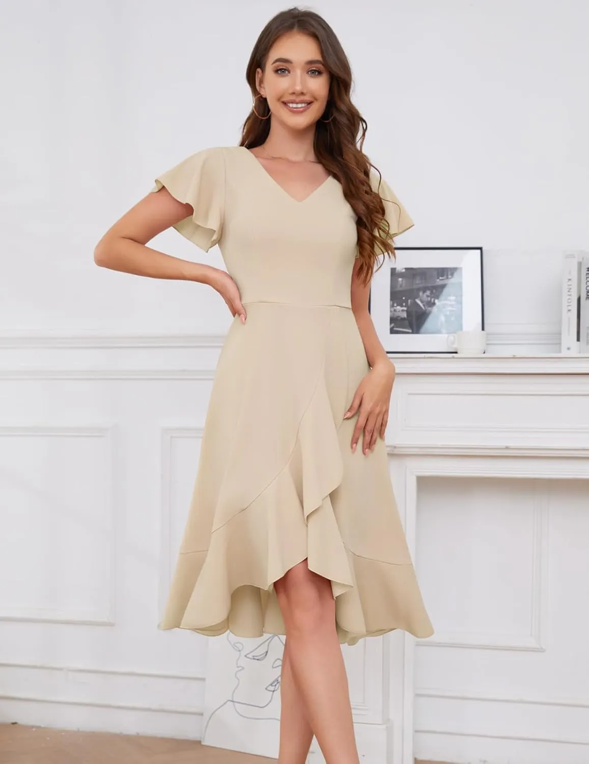 DRESSTELLS Women's Cocktail Dresses 2025, Formal Wedding Guest Ruffle Prom Party Evening Dress V-Neck Vintage Dress