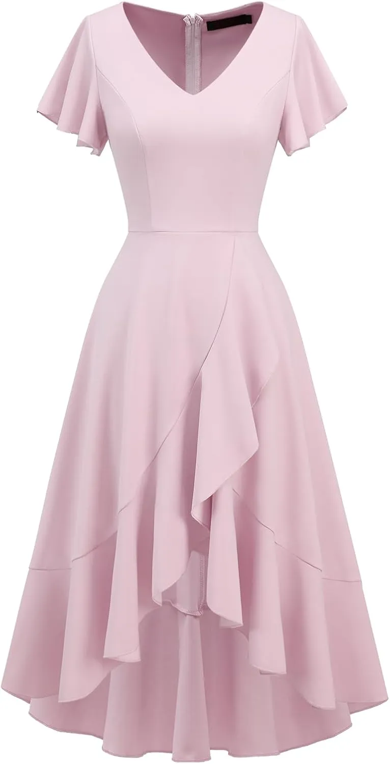 DRESSTELLS Women's Cocktail Dresses 2025, Formal Wedding Guest Ruffle Prom Party Evening Dress V-Neck Vintage Dress