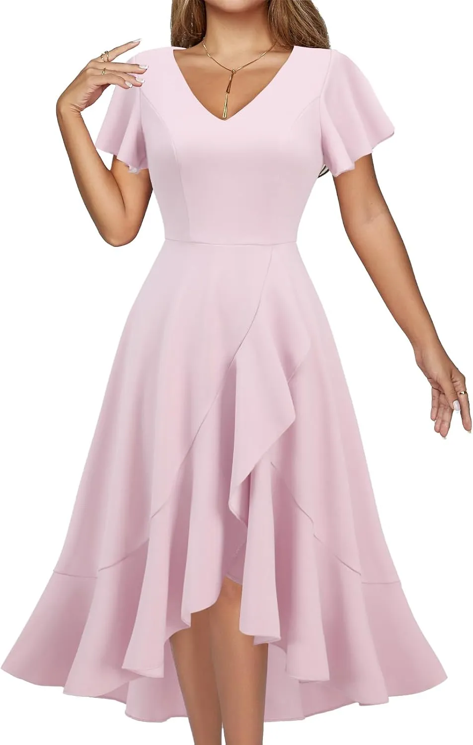 DRESSTELLS Women's Cocktail Dresses 2025, Formal Wedding Guest Ruffle Prom Party Evening Dress V-Neck Vintage Dress