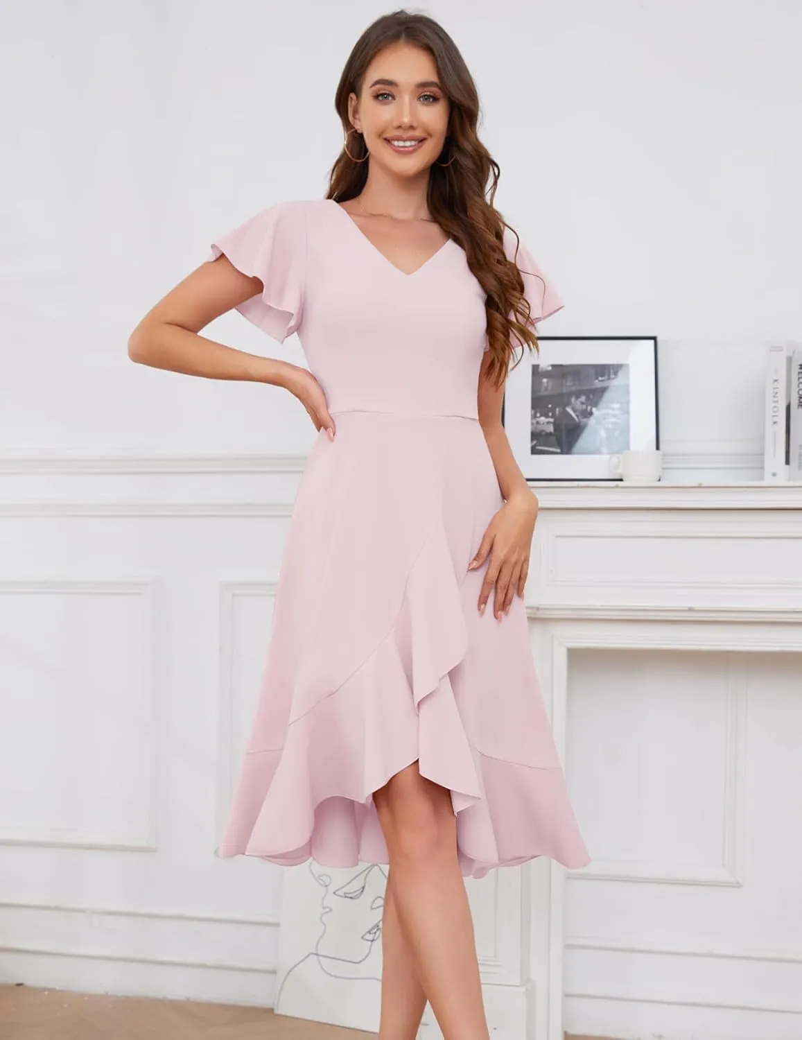 DRESSTELLS Women's Cocktail Dresses 2025, Formal Wedding Guest Ruffle Prom Party Evening Dress V-Neck Vintage Dress