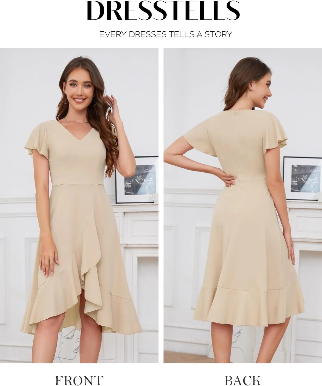 DRESSTELLS Women's Cocktail Dresses 2025, Formal Wedding Guest Ruffle Prom Party Evening Dress V-Neck Vintage Dress