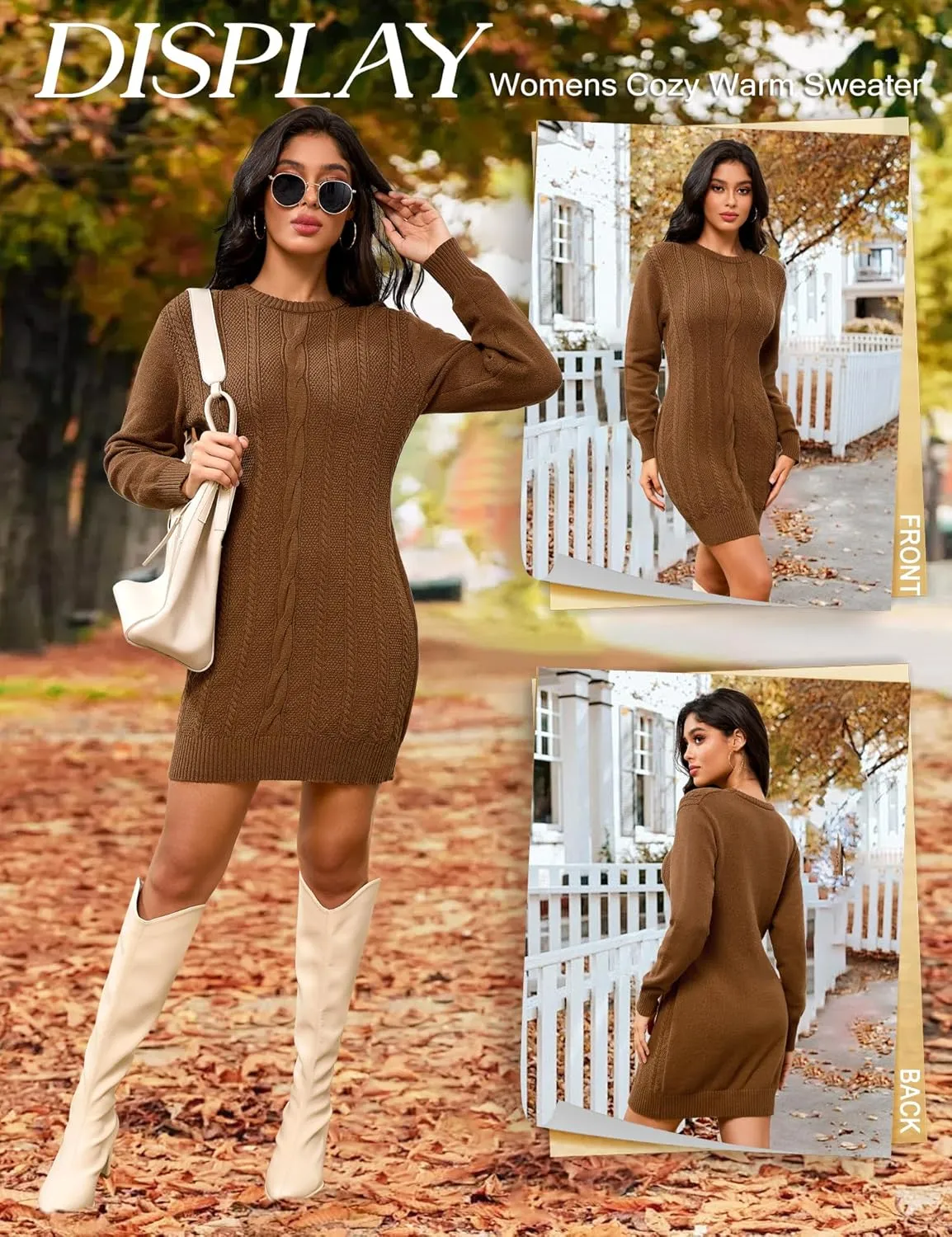Dressystar Womens Sweater Dress Cable Knit Crewneck Loose Long Sleeve Mini Chunky Casual Pullover Dresses 2024 Fall Outfit