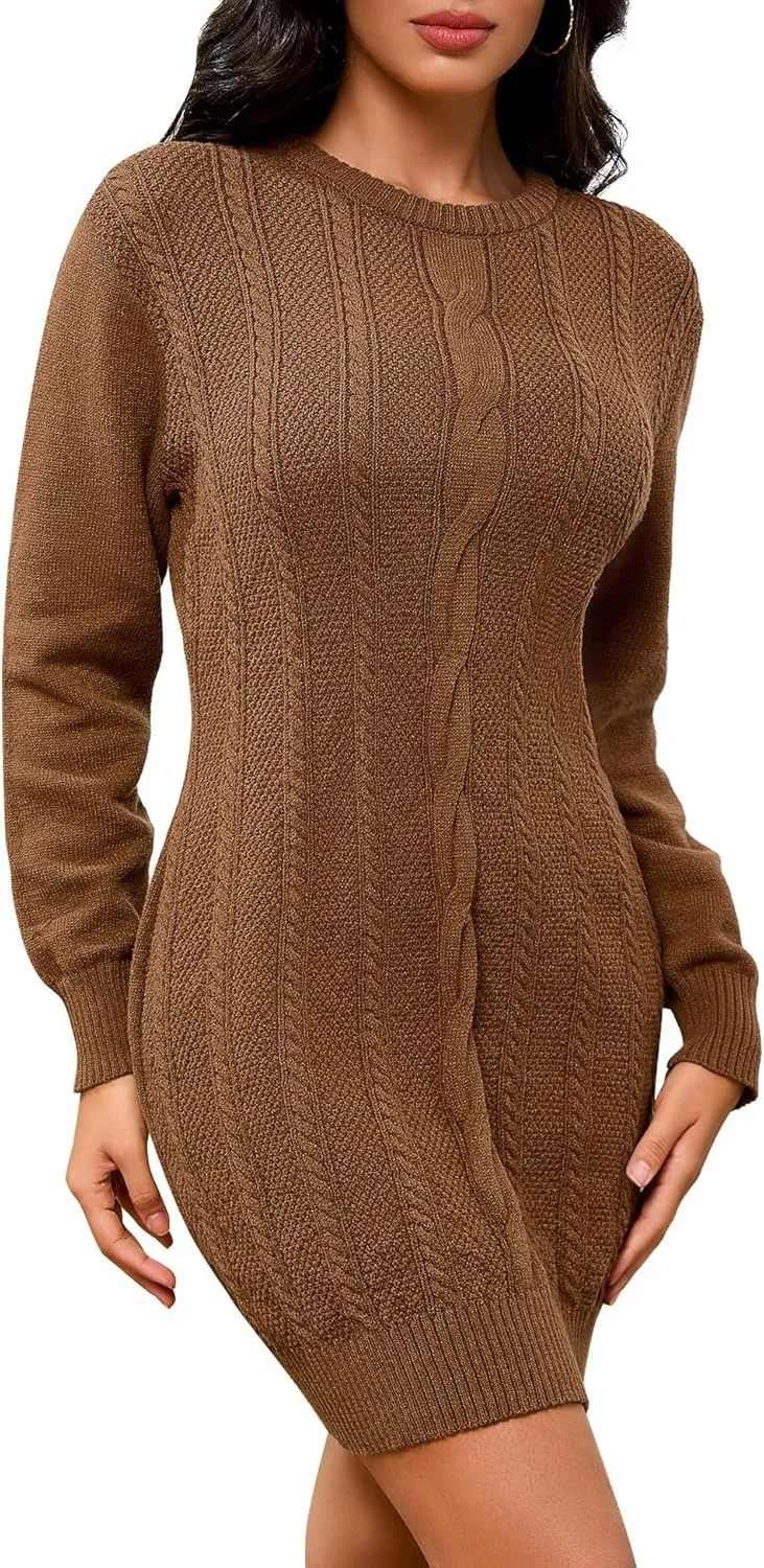 Dressystar Womens Sweater Dress Cable Knit Crewneck Loose Long Sleeve Mini Chunky Casual Pullover Dresses 2024 Fall Outfit