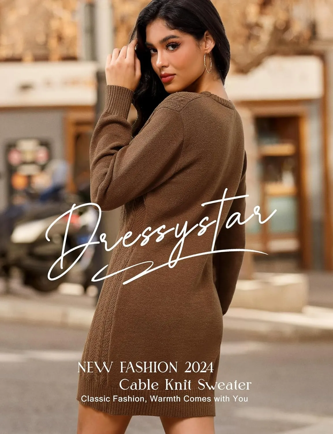 Dressystar Womens Sweater Dress Cable Knit Crewneck Loose Long Sleeve Mini Chunky Casual Pullover Dresses 2024 Fall Outfit