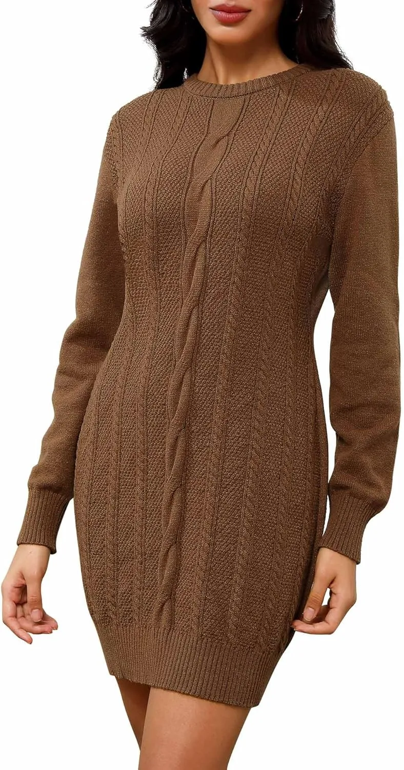 Dressystar Womens Sweater Dress Cable Knit Crewneck Loose Long Sleeve Mini Chunky Casual Pullover Dresses 2024 Fall Outfit