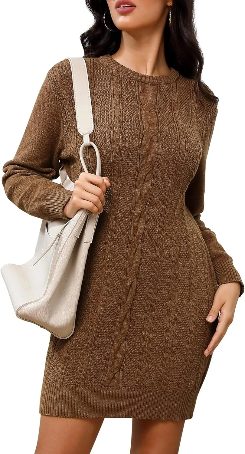 Dressystar Womens Sweater Dress Cable Knit Crewneck Loose Long Sleeve Mini Chunky Casual Pullover Dresses 2024 Fall Outfit