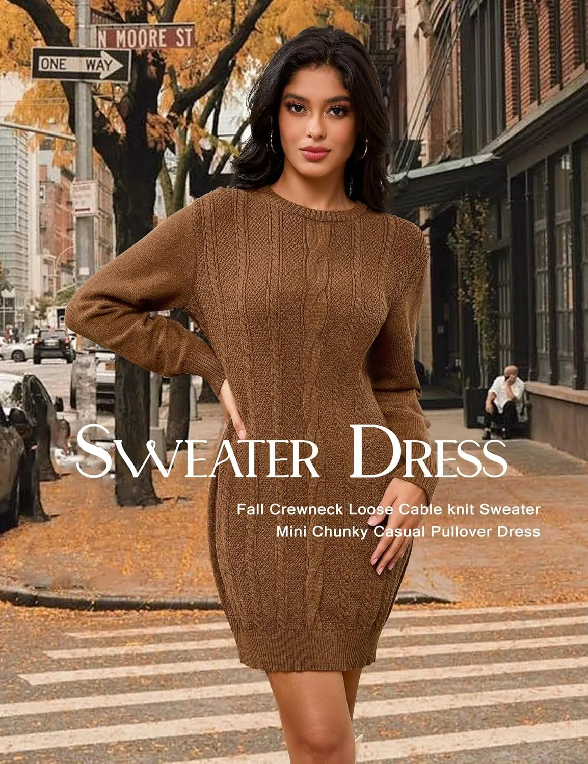 Dressystar Womens Sweater Dress Cable Knit Crewneck Loose Long Sleeve Mini Chunky Casual Pullover Dresses 2024 Fall Outfit