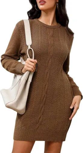 Dressystar Womens Sweater Dress Cable Knit Crewneck Loose Long Sleeve Mini Chunky Casual Pullover Dresses 2024 Fall Outfit