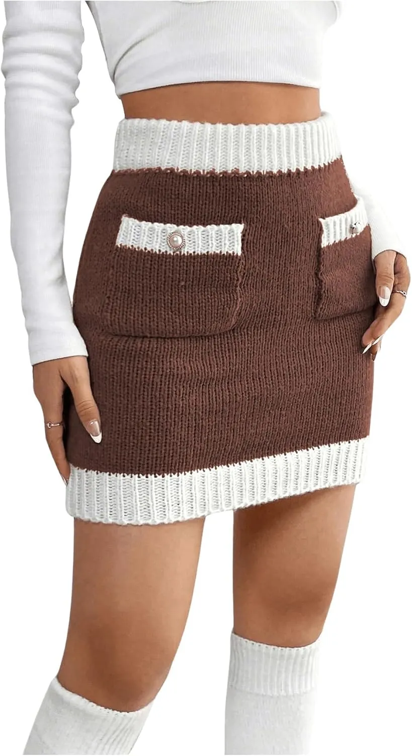 Floerns Women's High Waist Contrast Binding Knitted Mini Pencil Skirts with Pockets