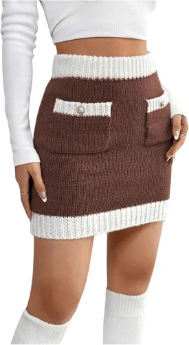 Floerns Women's High Waist Contrast Binding Knitted Mini Pencil Skirts with Pockets