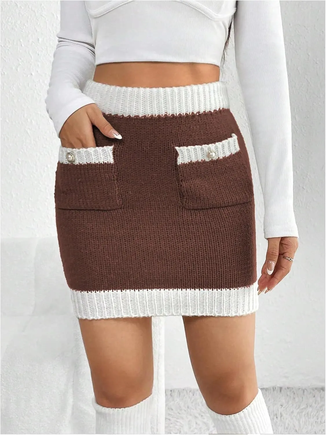 Floerns Women's High Waist Contrast Binding Knitted Mini Pencil Skirts with Pockets