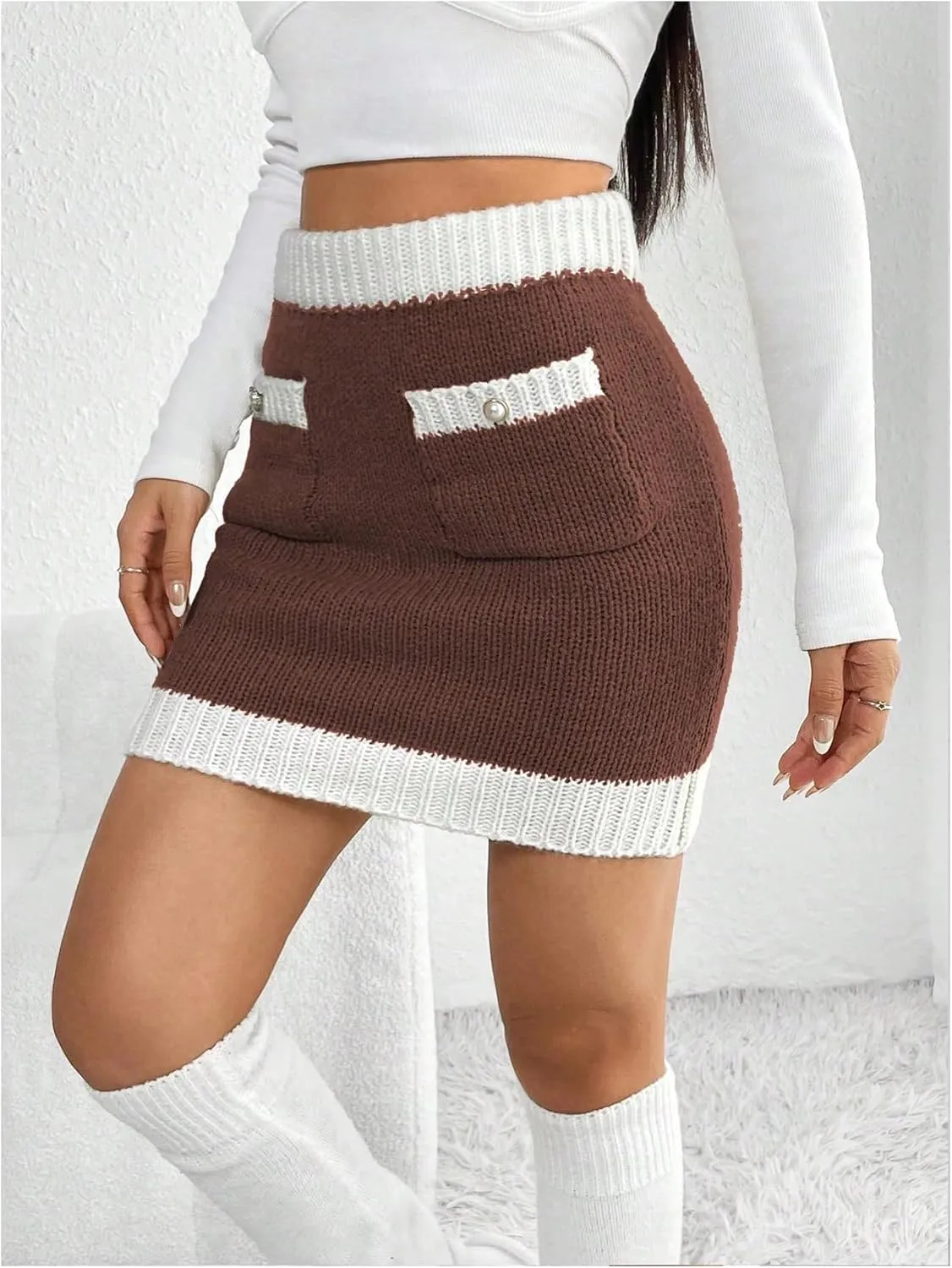 Floerns Women's High Waist Contrast Binding Knitted Mini Pencil Skirts with Pockets