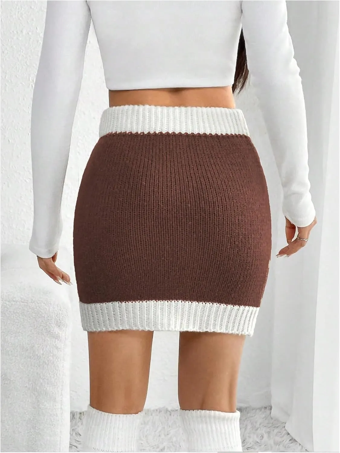Floerns Women's High Waist Contrast Binding Knitted Mini Pencil Skirts with Pockets