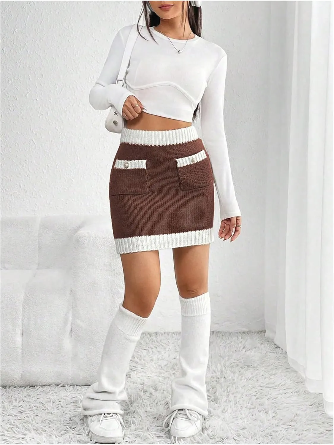 Floerns Women's High Waist Contrast Binding Knitted Mini Pencil Skirts with Pockets
