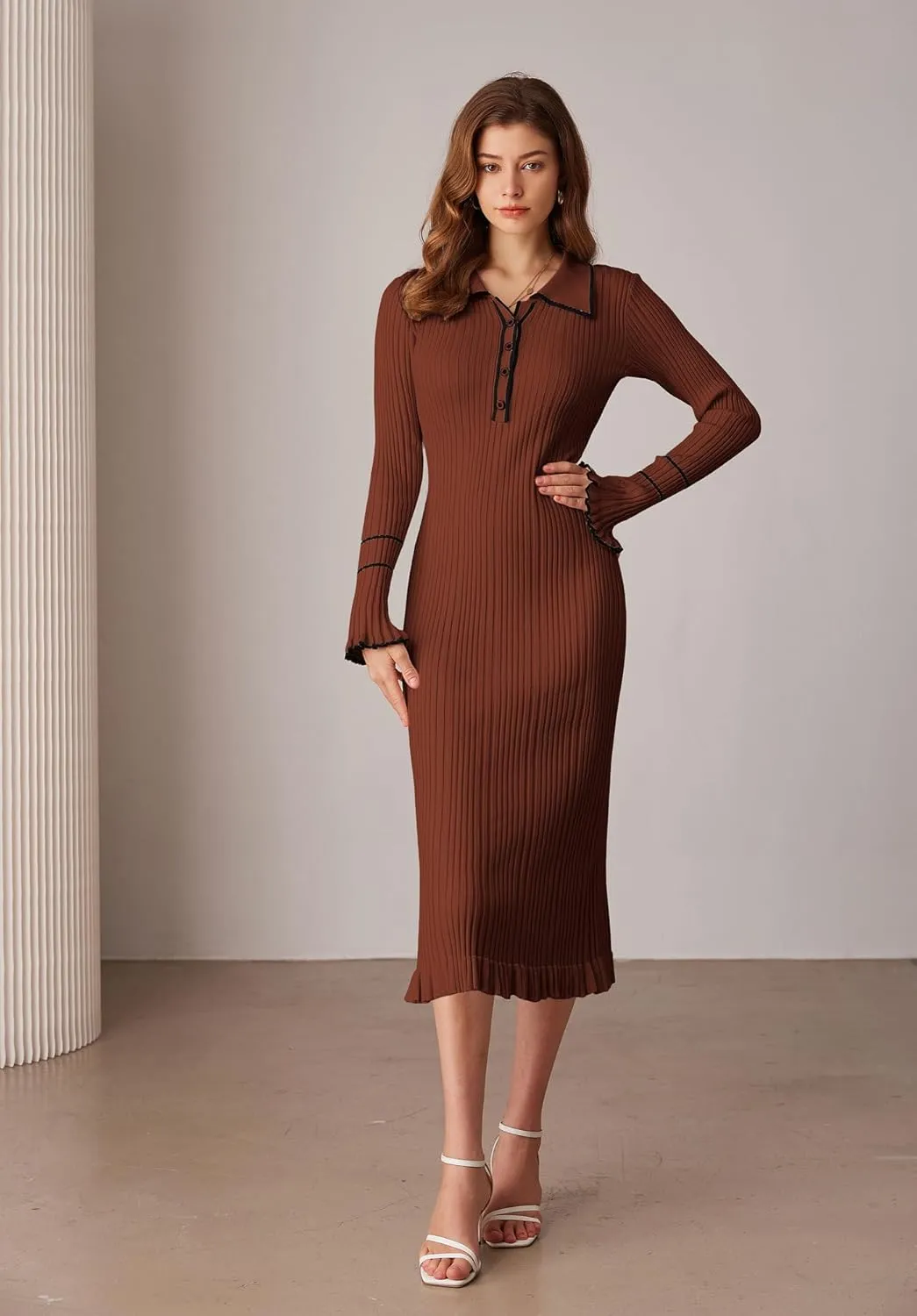 GRACE KARIN Women's 2024 Long Sleeve Sweater Dress Button Knit Slim Fit Casual V Neck Elegant Bodycon Midi Dresses