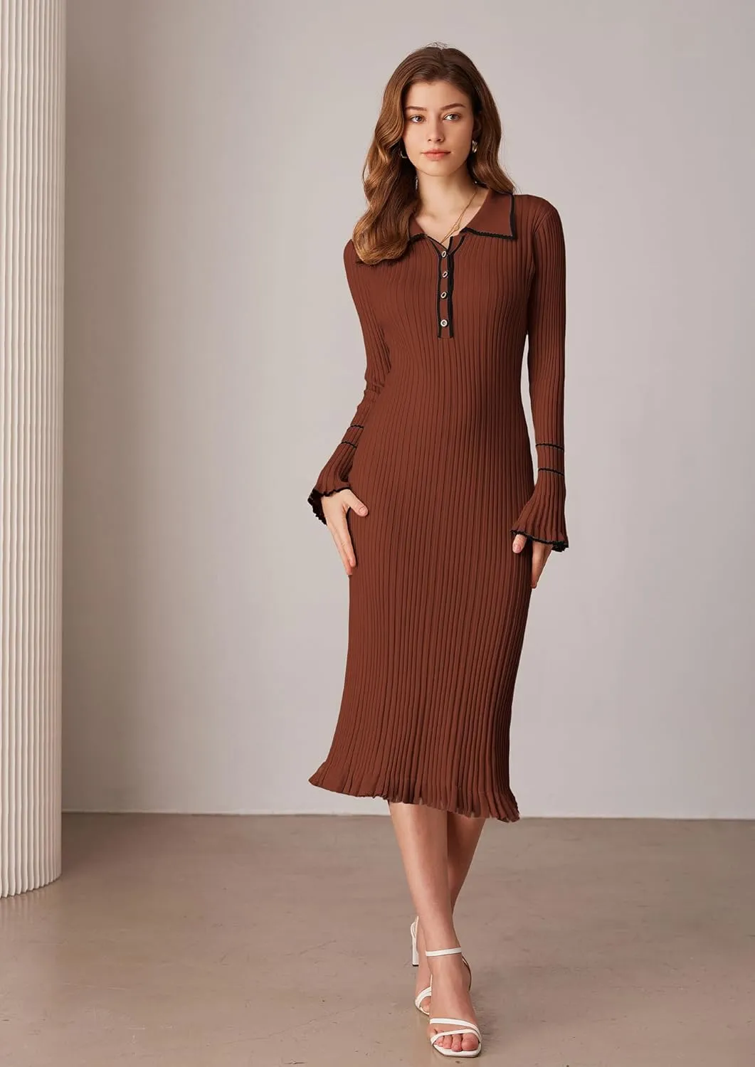 GRACE KARIN Women's 2024 Long Sleeve Sweater Dress Button Knit Slim Fit Casual V Neck Elegant Bodycon Midi Dresses