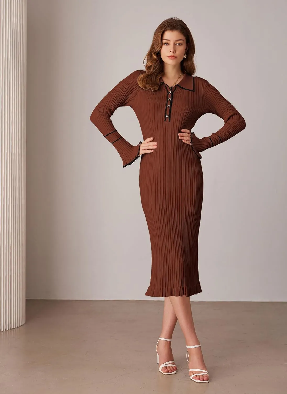 GRACE KARIN Women's 2024 Long Sleeve Sweater Dress Button Knit Slim Fit Casual V Neck Elegant Bodycon Midi Dresses