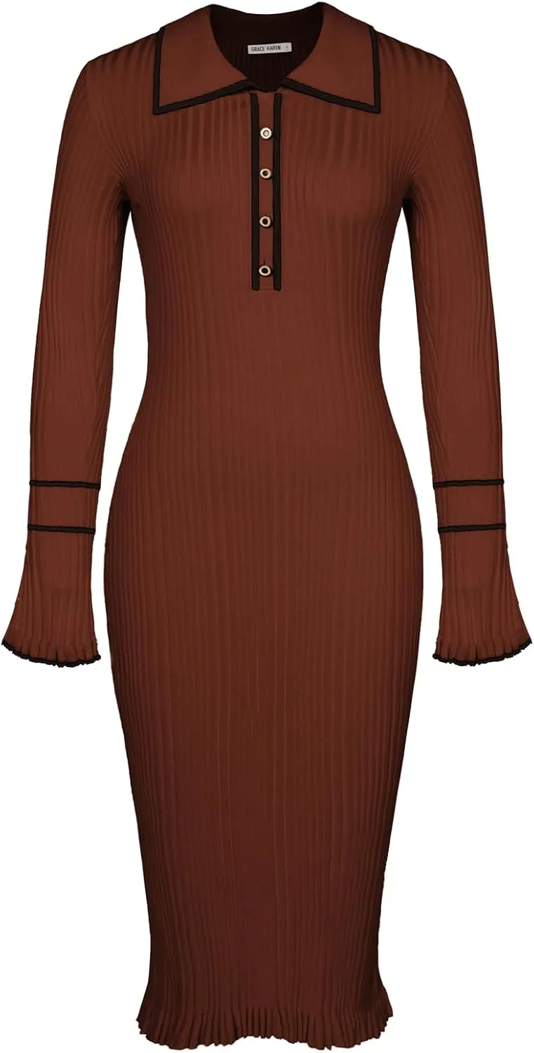 GRACE KARIN Women's 2024 Long Sleeve Sweater Dress Button Knit Slim Fit Casual V Neck Elegant Bodycon Midi Dresses