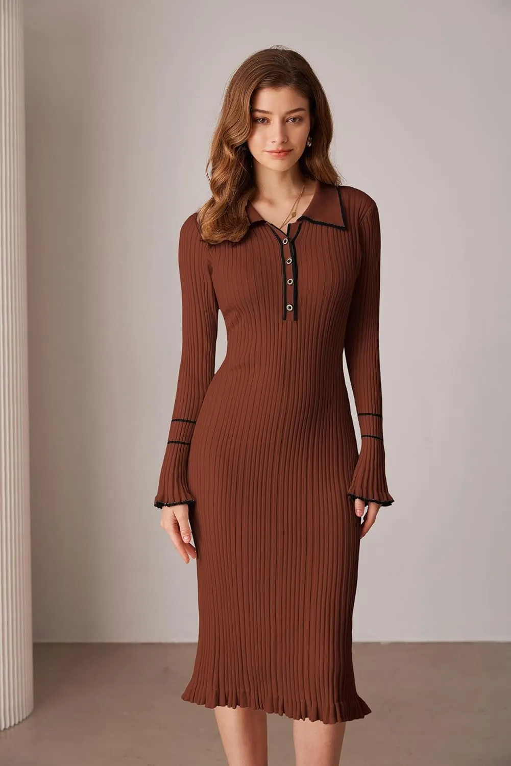 GRACE KARIN Women's 2024 Long Sleeve Sweater Dress Button Knit Slim Fit Casual V Neck Elegant Bodycon Midi Dresses