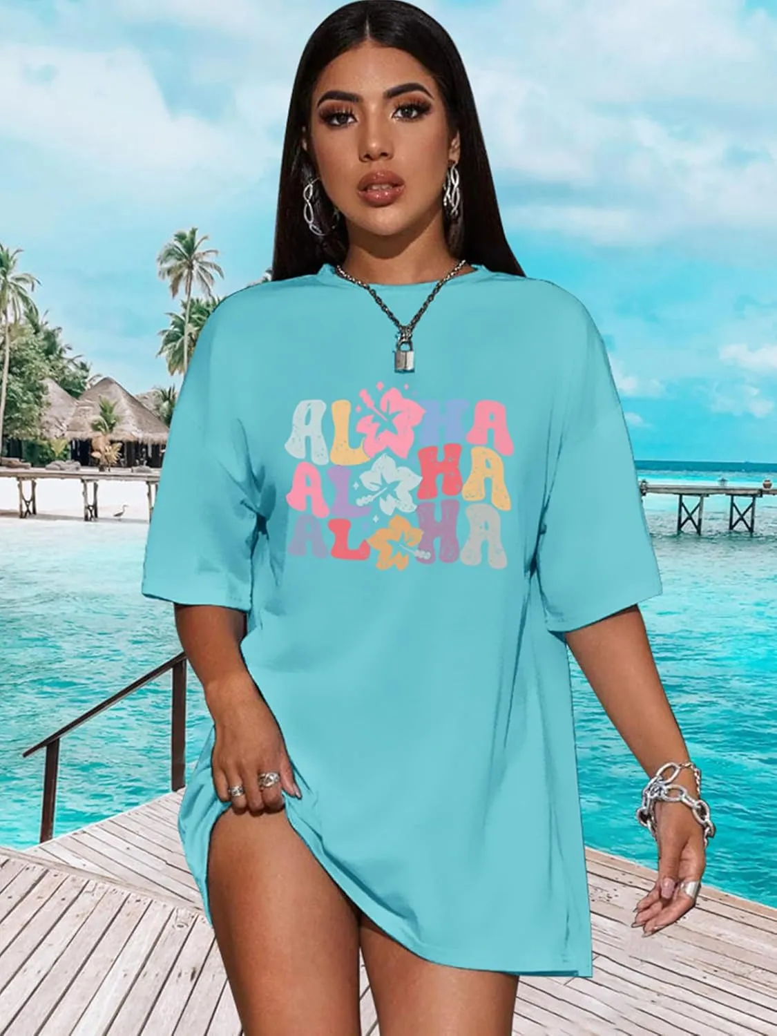 Hawaiian Shirts Women Oversized Aloha Shirt Flower Graphic Short Sleeve Family Vacation Beach T-Shirt Tops