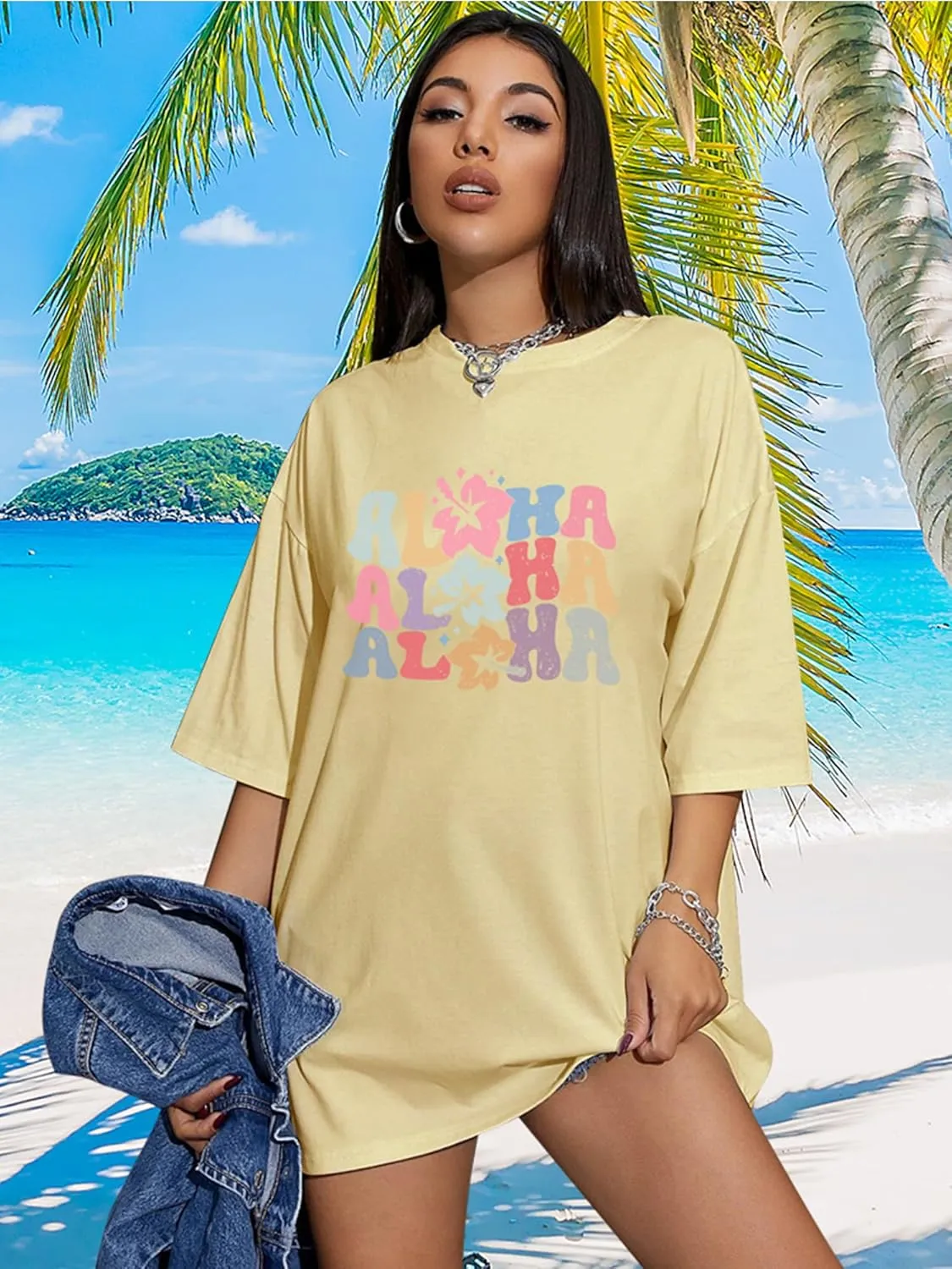Hawaiian Shirts Women Oversized Aloha Shirt Flower Graphic Short Sleeve Family Vacation Beach T-Shirt Tops