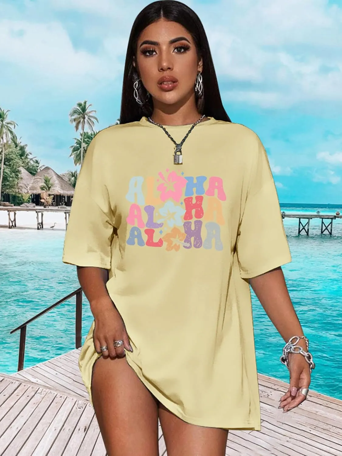 Hawaiian Shirts Women Oversized Aloha Shirt Flower Graphic Short Sleeve Family Vacation Beach T-Shirt Tops