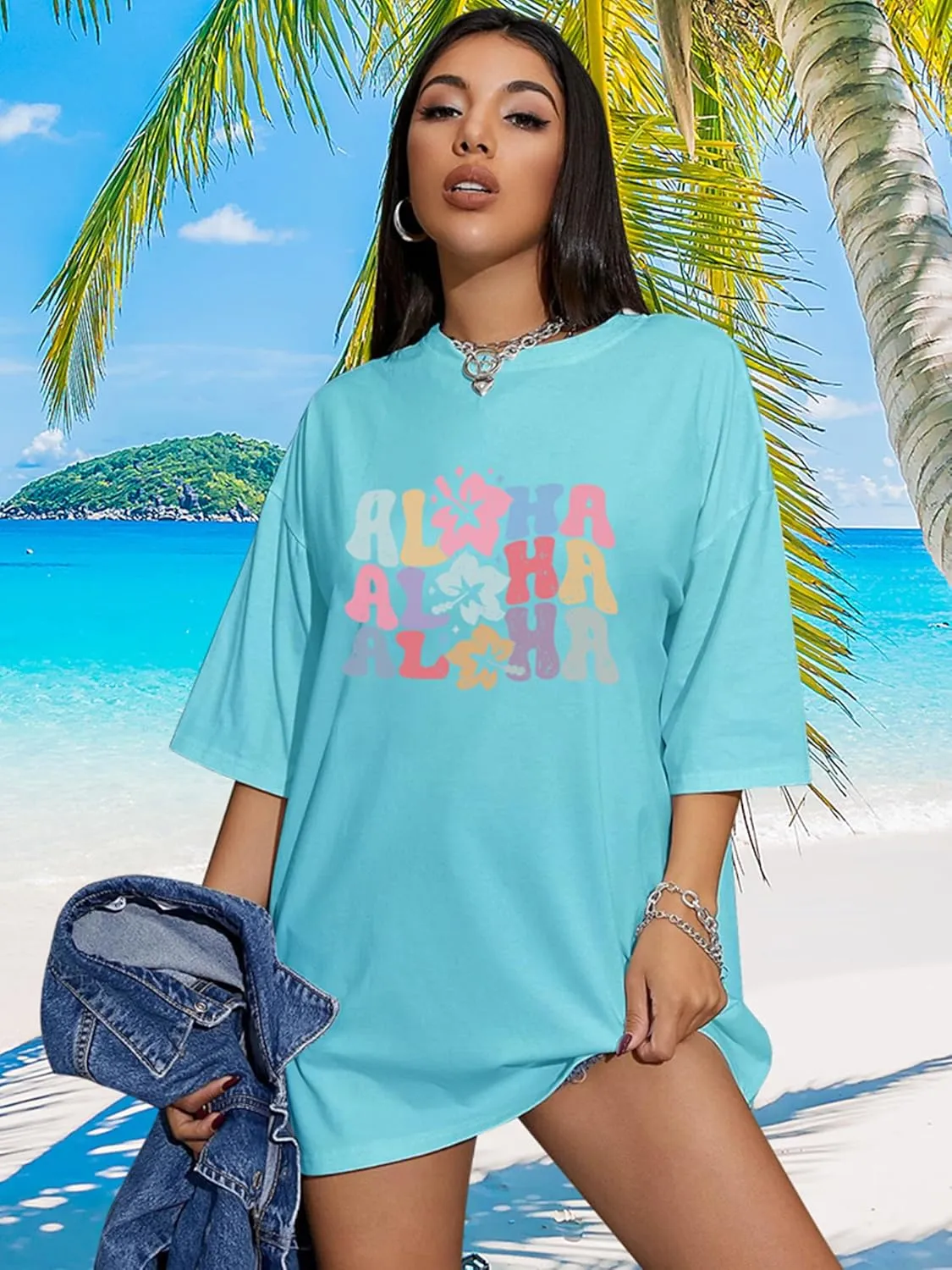 Hawaiian Shirts Women Oversized Aloha Shirt Flower Graphic Short Sleeve Family Vacation Beach T-Shirt Tops