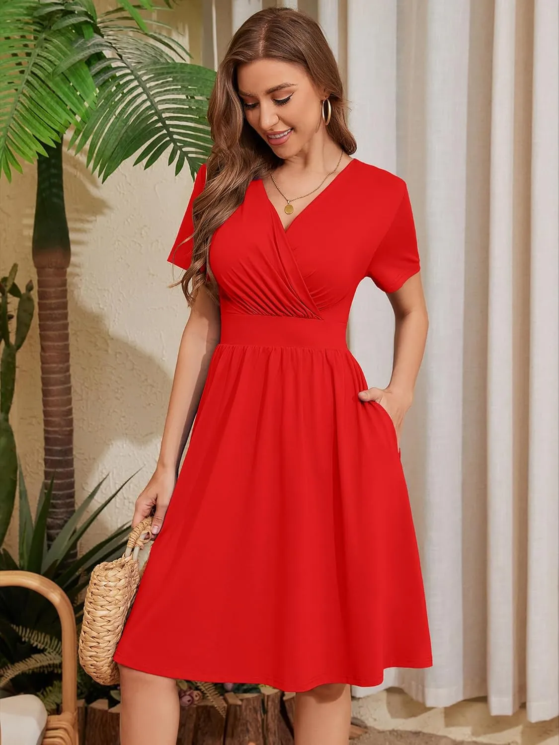 Heymoments Womens Summer Short Sleeve Casual Dresses V-Neck Midi Dress with Pockets S-2XL